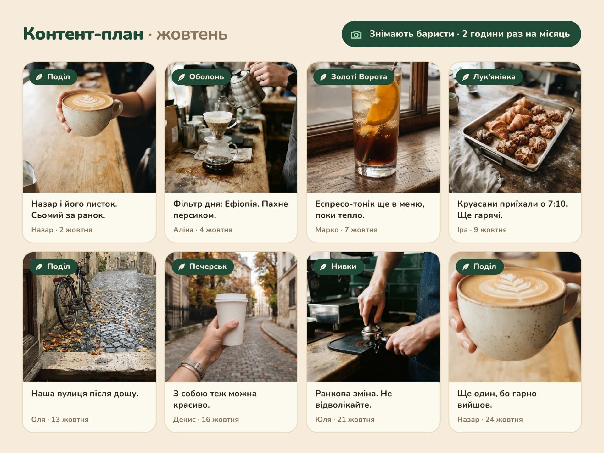 Sample artwork: One month of the content calendar as a grid of eight post tiles. Each tile has a phone photograph, a tag naming the shop, a short caption and the first name of the barista who took it.