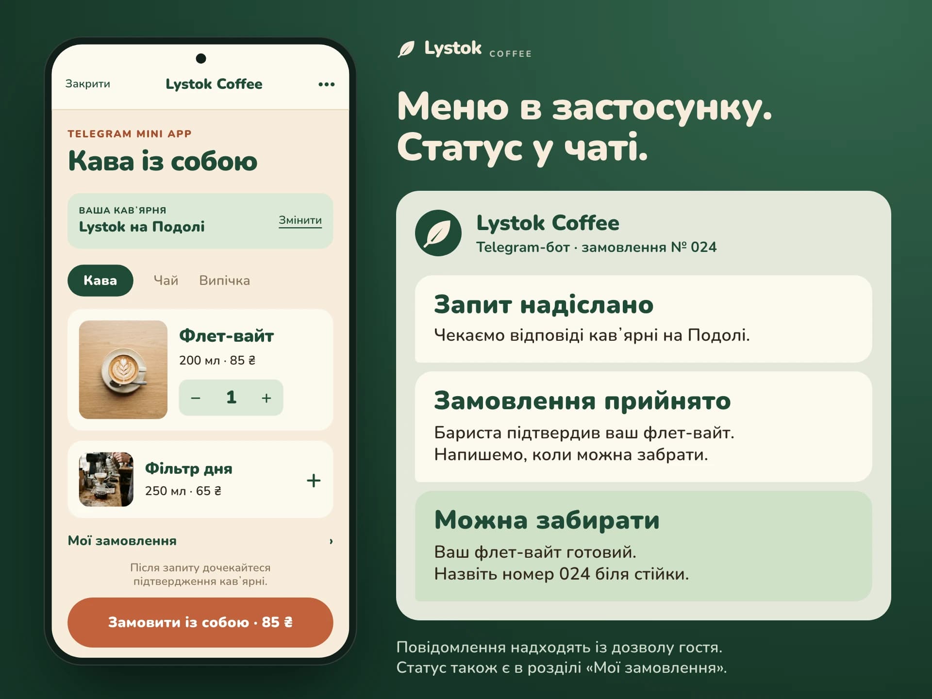 Sample artwork: Lystok’s Telegram Mini App shows café selection, drinks and a pickup request. Beside it, bot messages show the request awaiting staff, accepted and ready for pickup.