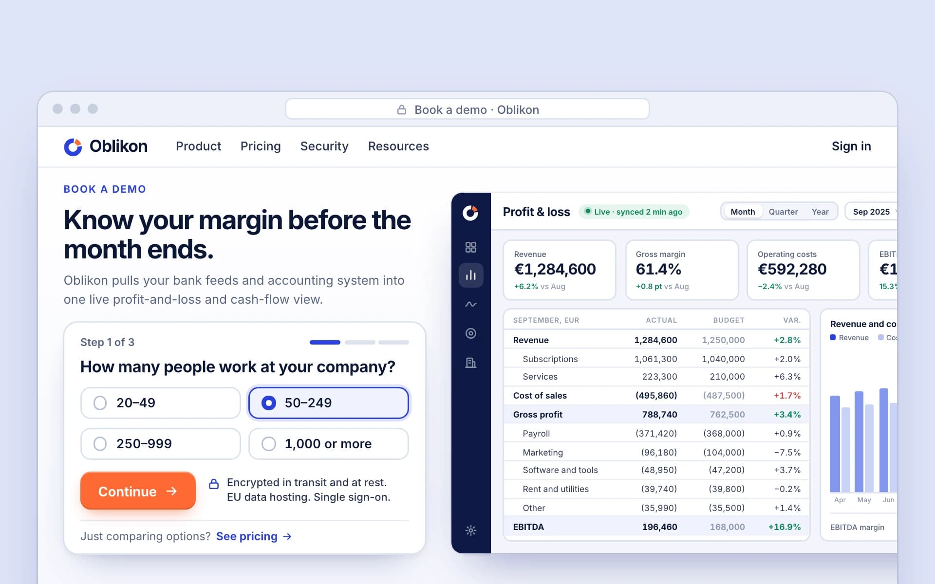 Sample artwork: The new demo request page in a browser window. A card marked step 1 of 3 asks one question, a short security note sits beside its button with a pricing link below, and a product screenshot fills the right side.