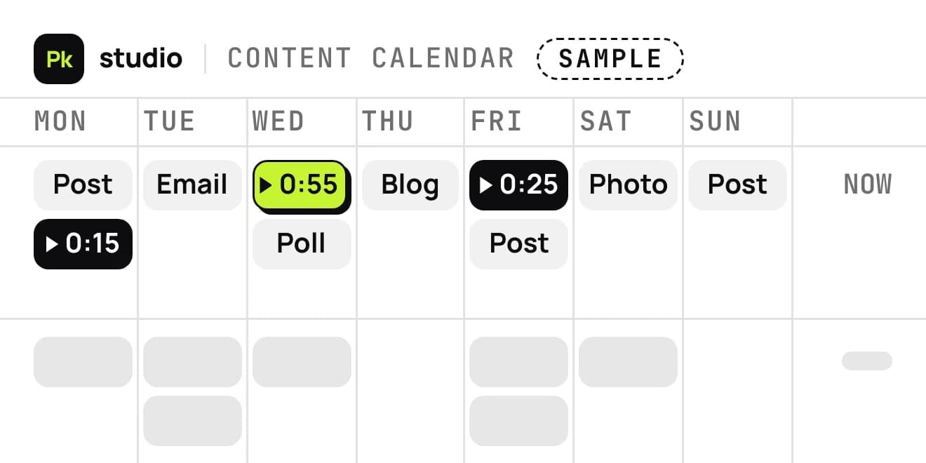 A sample PKSTUDIO content calendar for one week, Monday to Sunday. Each day has one or two items, such as a post, an email, a poll or a video with its running time.