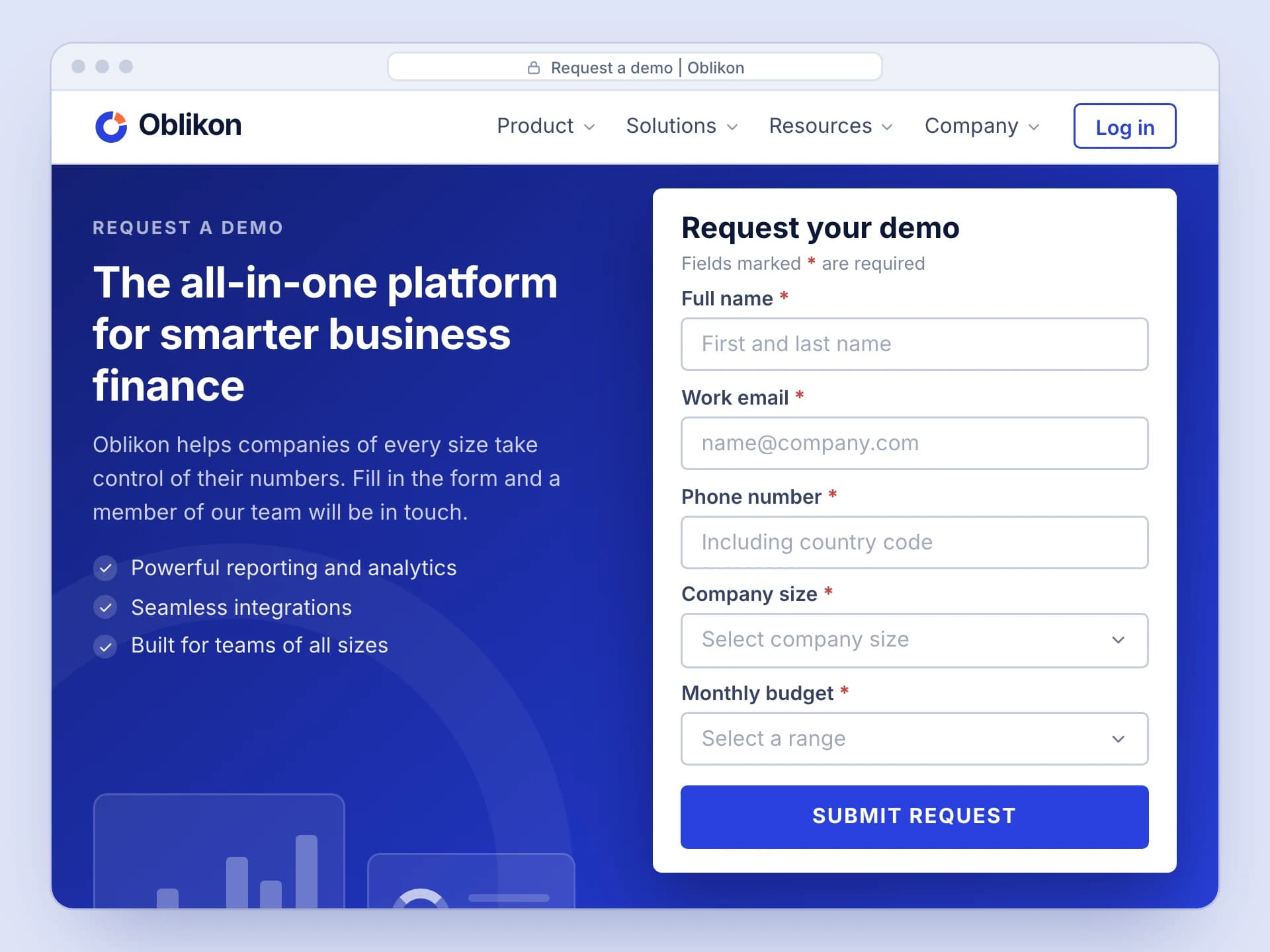 Sample artwork: The earlier demo request page in a browser window. A generic headline is on the left, a tall form of required fields with a submit button is on the right, and the top menu has no pricing link.